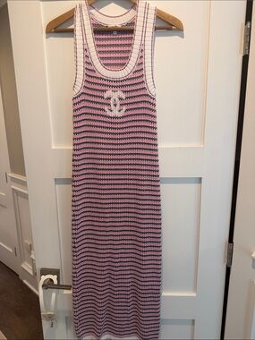 CHANEL Pink and White Striped Knit Maxi Dress